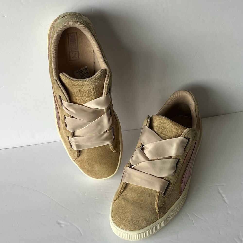 PUMA Vikky Ribbon Suede Sneakers US 6 EU 38 Tan Brown Pink Leather
